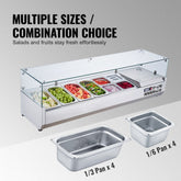 150W countertop refrigerated condiment station with 4 1/3 pans and 4 1/6 pans, 304 stainless steel body and PC lid with glass protector